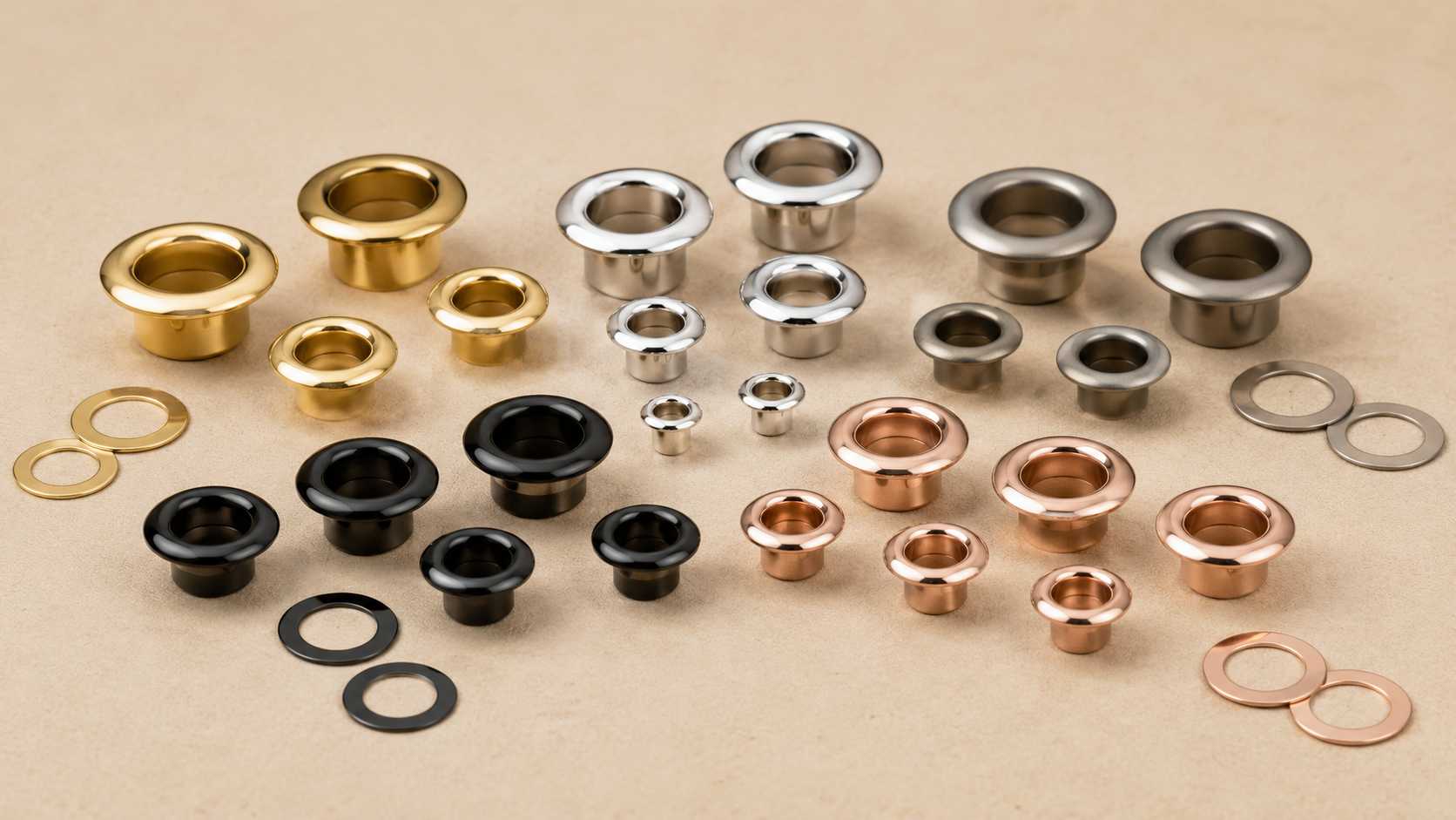 types of metal grommets, Different types of metal grommets in various sizes and finishes are arranged on a light surface.